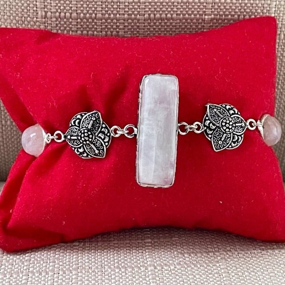 Women Handmade Bracelet Silver Tone Real Rainbow Moonstone Wrist Band Jewelry - Picture 2 of 12